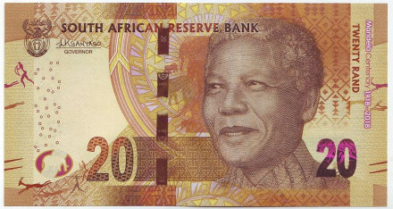 Банкнота 20 рандов. 2018 год, ЮАР. 100 лет со дня рождения Нельсона Манделы.