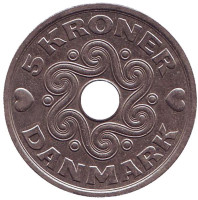 Монета 5 крон. 1997 год, Дания. 