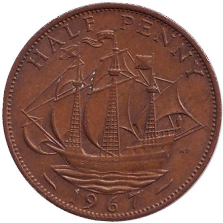 Монета 1/2 пенни. 1967 год, Великобритания. Из обращения. "Золотая лань".