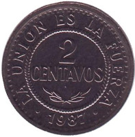 Монета 2 сентаво. 1987 год, Боливия. 