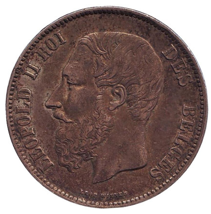 Монета 5 франков. 1870 год, Бельгия. Леопольд II.