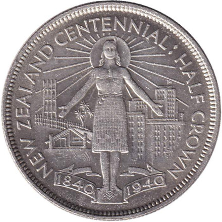 Монета 1/2 кроны. 1940 год, Новая Зеландия. 100 лет Новой Зеландии.