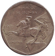 Монета 10 песо, 1981 год, Колумбия. Монета 10 песо, 1981 год, Колумбия.