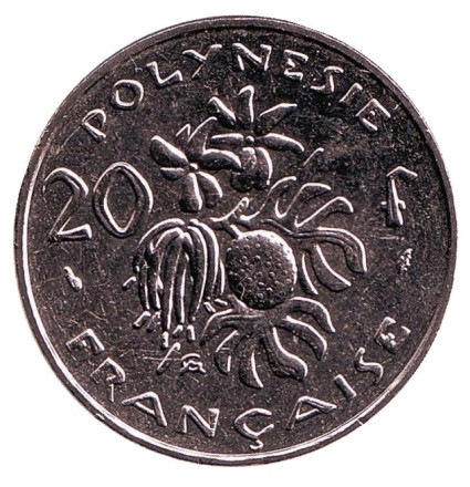 Монета 20 франков. 1984 год, Французская Полинезия. aUNC. Плод хлебного дерева, стручки ванили.
