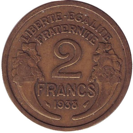 Монета 2 франка. 1938 год, Франция.