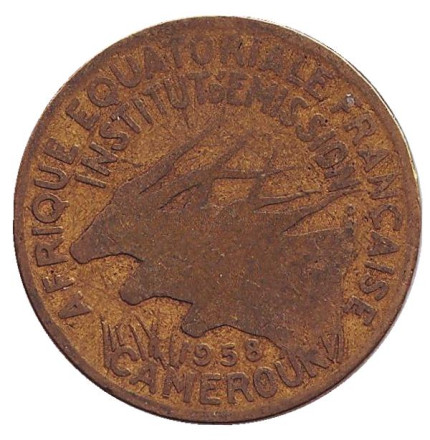 Монета 25 франков. 1958 год, Камерун. Состояние - F. Африканские антилопы. (Западные канны).