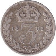 Монета 3 пенса. 1895 год, Великобритания. Монета 3 пенса. 1895 год, Великобритания.
