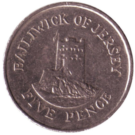 Монета 5 пенсов, 2002 год, Джерси. Башня Сеймура в Гровилле.
