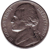 Джефферсон. Монтичелло. Монета 5 центов. 1990 год (D), США.