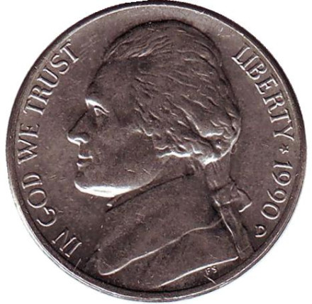 Монета 5 центов. 1990 год (D), США. Джефферсон. Монтичелло.
