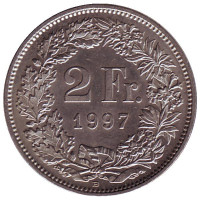 Гельвеция. Монета 2 франка. 1997 (B) год, Швейцария.