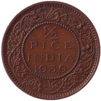 Монета 1/2 пайса. 1939 год, Британская Индия.