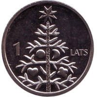 Рождественская ёлка. Монета 1 лат, 2009 год, Латвия.