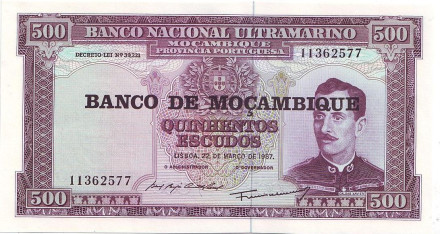 Банкнота 500 эскудо. 1976 (1967) год, Мозамбик.