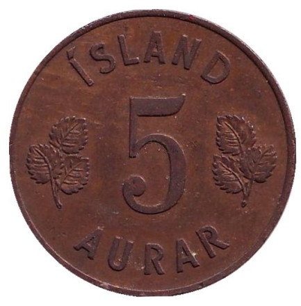 Монета 5 аураров. 1946 год, Исландия.