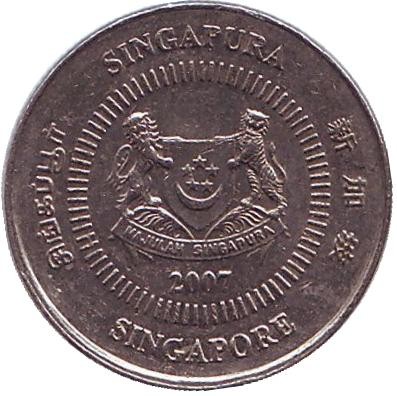 Монета 10 центов. 2007 год, Сингапур. Жасмин. Монета 10 центов. 2007 год, Сингапур. Жасмин.