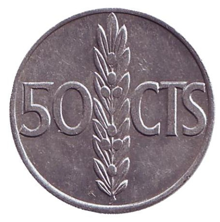 Монета 50 сантимов. 1966 год, Испания. (69 внутри звезды)