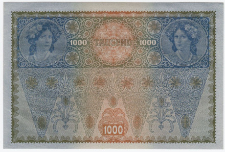 Бона 1000 крон. 1902 (1919) год, Австрия. (Надпечатка). Тип 3.