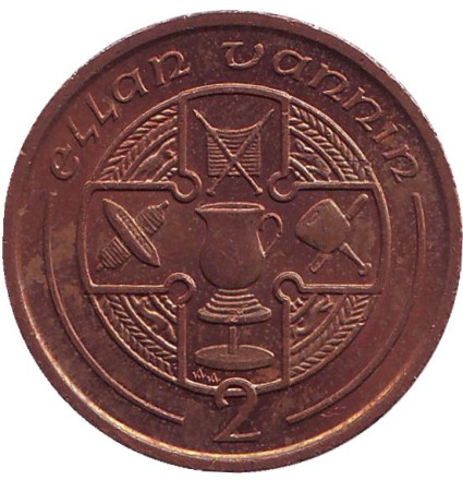 Монета 2 пенса. 1989 год (AA), Остров Мэн. Кельтский крест.
