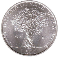 Международный год мира. Монета 500 лир, 1986 год, Италия.