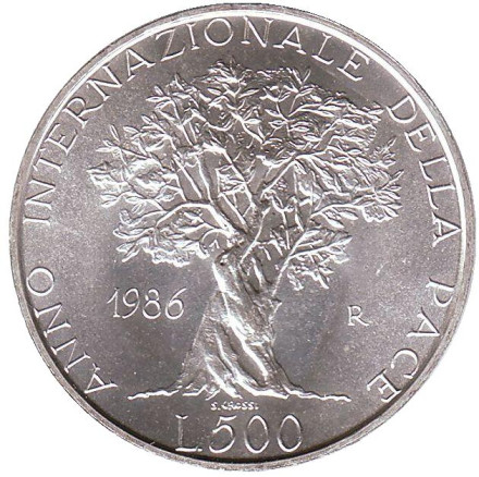 Монета 500 лир, 1986 год, Италия. Международный год мира.