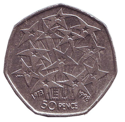 Монета 50 пенсов, 1998 год, Великобритания. 25 лет присоединению Великобритании к Евросоюзу.