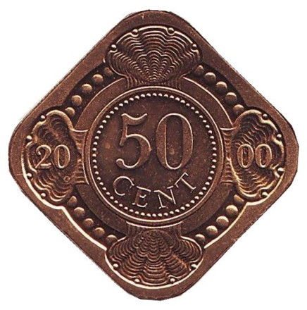 Монета 50 центов. 2000 год, Нидерландские Антильские острова. BU.