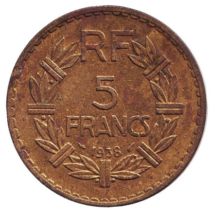 Монета 5 франков. 1938 год, Франция.