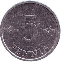 Монета 5 пенни. 1986 год, Финляндия.
