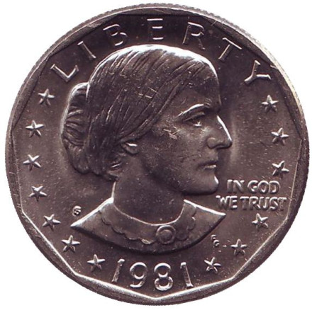 Монета 1 доллар, 1981 год, США. Монетный двор S. Сьюзен Энтони.