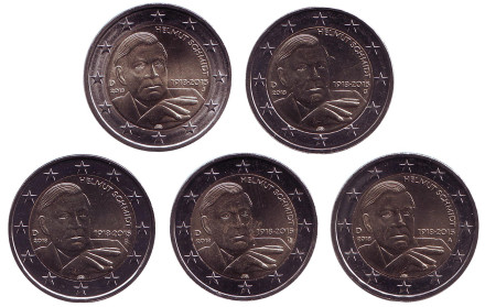 100 лет со дня рождения Гельмута Шмидта. Набор из 5 монет разных монетных дворов. 2 евро. 2018 год, Германия.