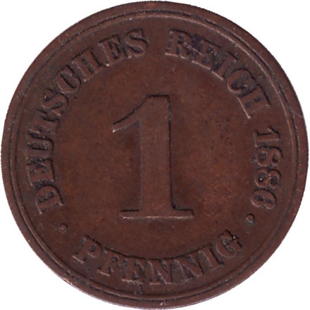 Монета 1 пфенниг. 1886 год (А), Германская империя.