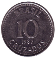 Монета 10 крузадо. 1987 год, Бразилия. Карта Бразилии. Монета 10 крузадо. 1987 год, Бразилия. Карта Бразилии.