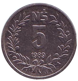 Монета 5 новых песо. 1989 год, Уругвай.