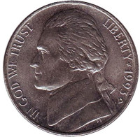 Джефферсон. Монтичелло. Монета 5 центов. 1993 год (D), США.