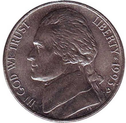 Монета 5 центов. 1993 год (D), США. Джефферсон. Монтичелло.