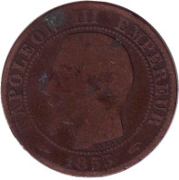 Наполеон III. Монета 5 сантимов. 1855 год (A), Франция.
