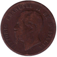 Виктор Эммануил II. Монета 10 чентезимо. 1866 год, Италия. "N" 