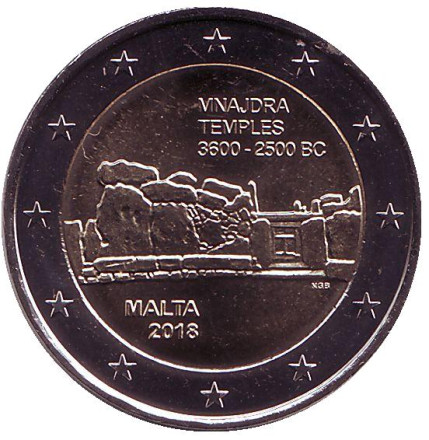 Монета 2 евро. 2018 год, Мальта. (Без отметки монетного двора на аверсе) Храм Мнайдры. Доисторические места Мальты.