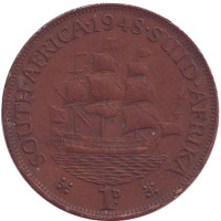 Корабль "Дромедарис". Монета 1 пенни. 1948 год, Южная Африка.