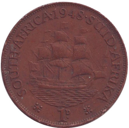 Монета 1 пенни. 1948 год, Южная Африка. (Точка после даты) Корабль "Дромедарис".