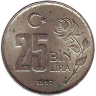 Монета 25000 лир. 1997 год, Турция. Монета 25000 лир. 1997 год, Турция.