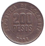 Монета 200 песо. 2004 год, Колумбия. Монета 200 песо. 2004 год, Колумбия.