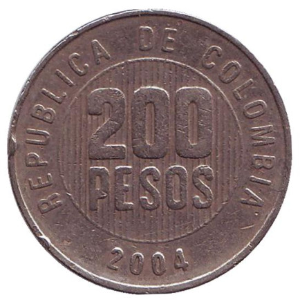 Монета 200 песо. 2004 год, Колумбия.