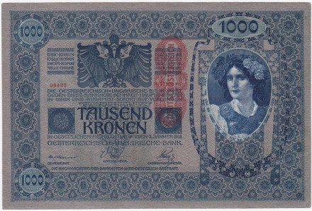 Бона 1000 крон. 1902 (1919) год, Австрия. (Надпечатка). Тип 1.  XF-AU.