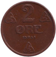 Монета 2 эре. 1931 год, Норвегия. Монета 2 эре. 1931 год, Норвегия.
