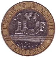 Монета 10 франков. 1991 год, Франция. Монета 10 франков. 1991 год, Франция.