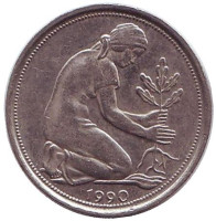 Женщина, сажающая дуб. Монета 50 пфеннигов. 1990 (A) год, ФРГ. 