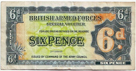 Банкнота 6 пенсов. 1948 год, Великобритания. (Британская армия).