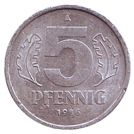 Монета 5 пфеннигов. 1986 год, ГДР.